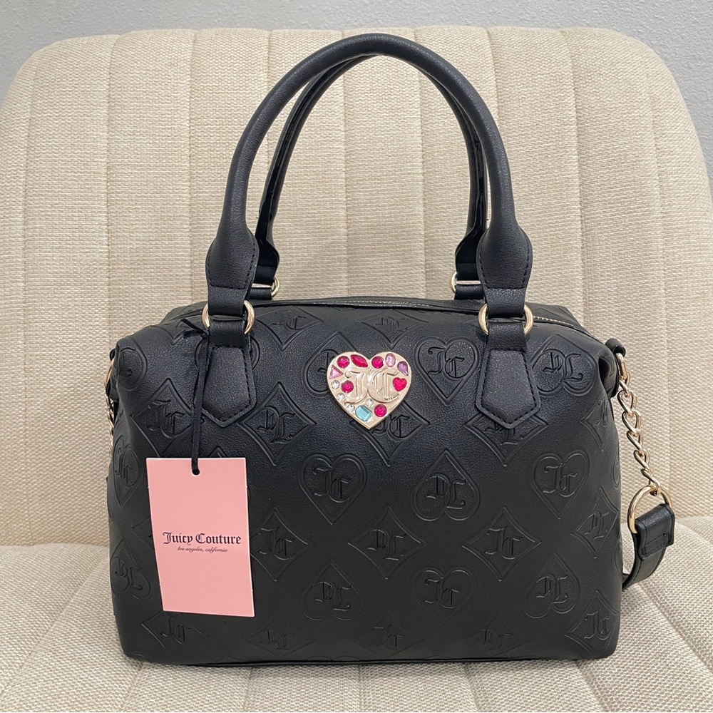 NEW Juicy Couture Black Embossed Monogram Heart Rhinestone Satchel Crossbody Bag